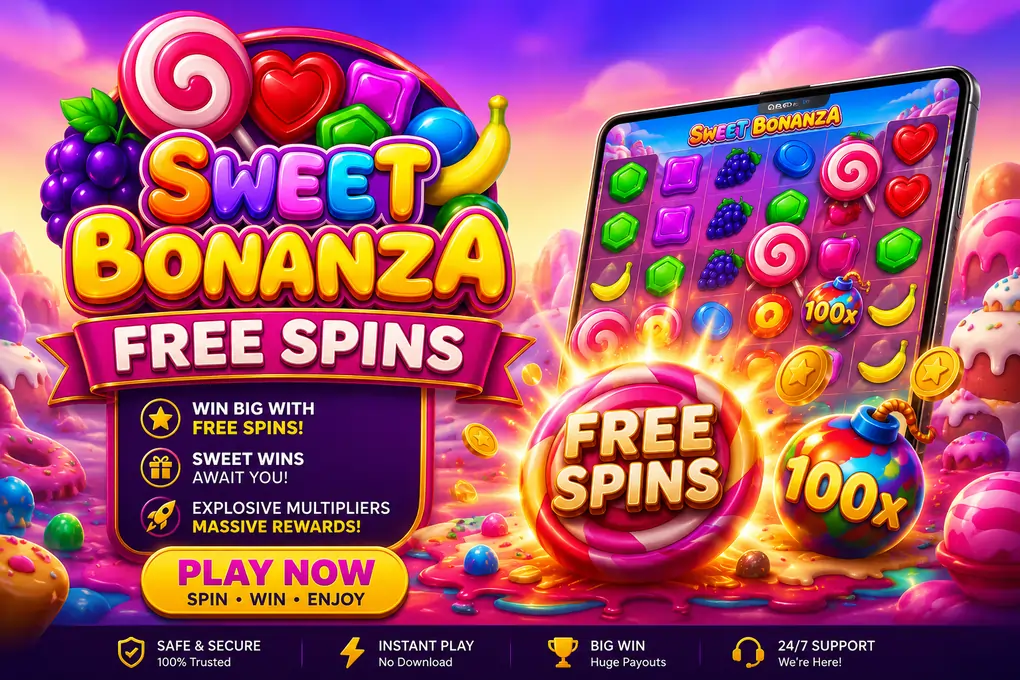 Sweet Bonanza Free Spins — win big with free spins, sweet wins await, explosive multipliers, massive rewards. Phone screen showing the Sweet Bonanza slot with a 100x multiplier bomb symbol